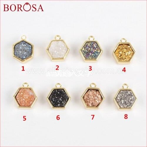 BOROSA Fashion Hexagon Gold Color Bezel Natural Stone Titanium Rainbow Charm Beads Druzy Pendant for Jewelry Making ZG0139