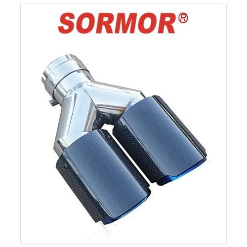 SORMOR Glossy Carbon Fiber Dual-Outlet Y-style Muffler Pipes Exhaust Tips with Blue Burnt Stainless Steel Inlet 63mm outler 89mm
