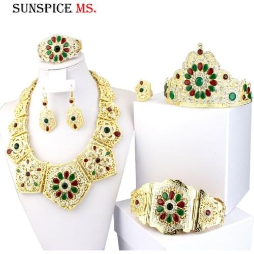 Sunspicems Morocco Wedding Jewelry Sets Gold Color Drop Earring Ring Bangle Necklace Crown Caftan Belt Arab Dubai Jewelry