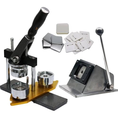 Sales package of Square 55*55mm pin badge making machine with paper cutter and 500pcs 55*55mm pin badge component