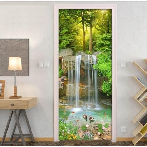 Waterfall 3D Landscape Door Sticker Wall Painting PVC Waterproof Self-adhesive Sticker Living Room Bedroom Door Mural Wallpaper