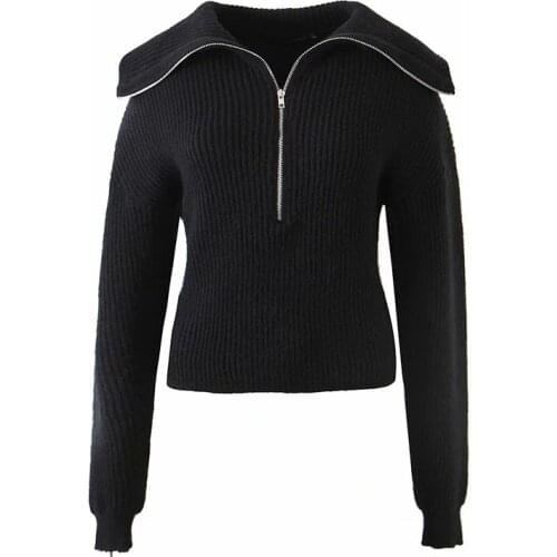 XIKOM 2021 Women High Quality Solid Color Scarf Collar Lantern Long Sleeve Sweater Female Vintage Zipper Hedging Casual Sweater