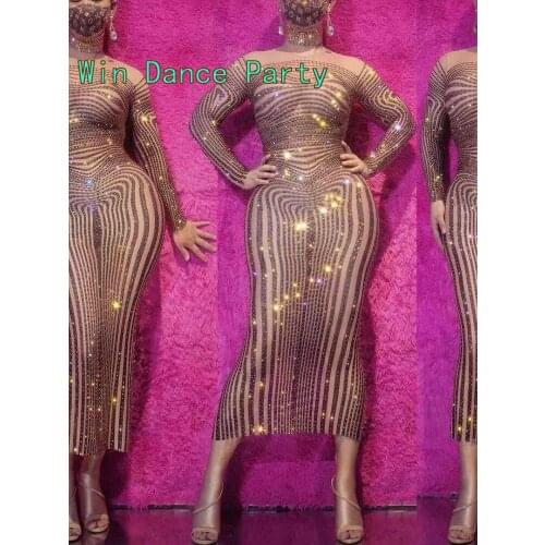 Bright Rhinestones Long Dress Female Singer Dance Printed Costume Outfit Birthday Prom Evening Show Stage Dress