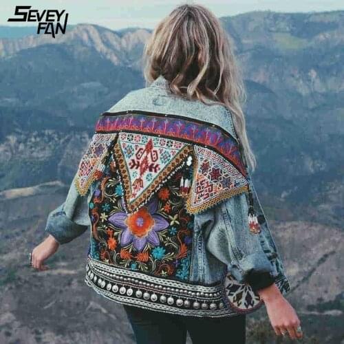 Vintage Embroidery Denim Jackets for Women Light Blue Floral Phoenix Fashion Woman Jeans Jacket Coat Punk Metal Clothes Cotton