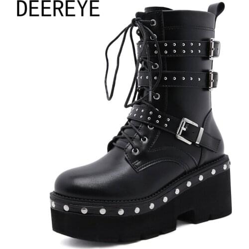 2021 Autumn Women Ankle Booties Motorbiker Rivet Punk Thick Platform Cross Lace-Up Flat Buckle Decoration Zip Gothic Style Shoes