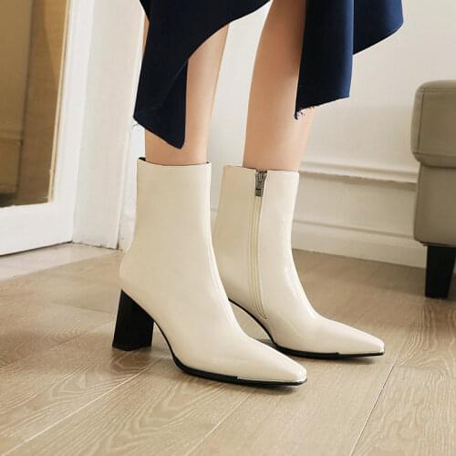 2021 New Autumn Winter Womens Boots Patent Leather Thick Heel Ladies Zipper Square Toe Fashion Knight Boots Women Shoes