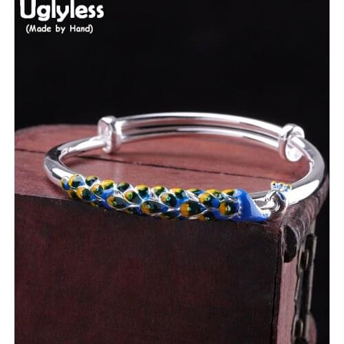 Uglyless Real 999 Pure Silver Push-pull Bangles for Women Glossy Silver Bangle Retro Enamel Animals Phoenix Fine Jewelry BA669
