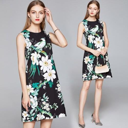 Summer Runway Vintage Floral Print Sexy Sleeveless Crew Neck Cape Sleeve Women Ladies Party Casual Evening Mini Vest Shift Dress
