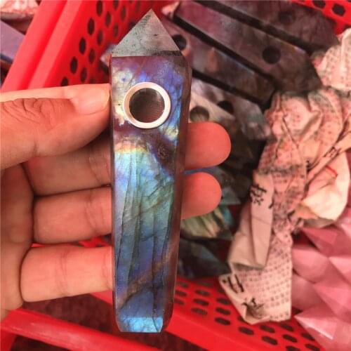 1PC Natural labradorite Quartz Crystal Stones Tobacco Point Wand Healing Rose quartz Treatment Smoking Pipe