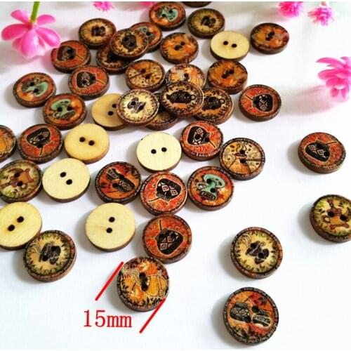 150PCs Wooden Buttons Mixed Retro print Decorative Buttons 2 Holes Fit Sewing Scrapbooking for Craft DIY 15mm