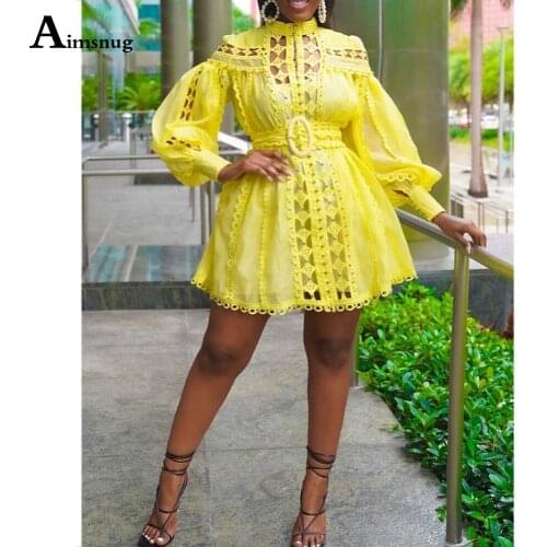 2021 African Style Women Hollow Out Short Dress Solid Lantern Sleeve Party Dresses Sexy Femme Vestido Robe Dress Plus Size S-5XL
