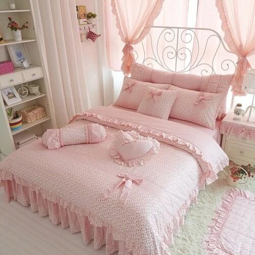 Cherry Printing 100 cotton bedding sets king queen size Bow design quilt cover Ruffles bedspread bed linen pillowcases 4PCS