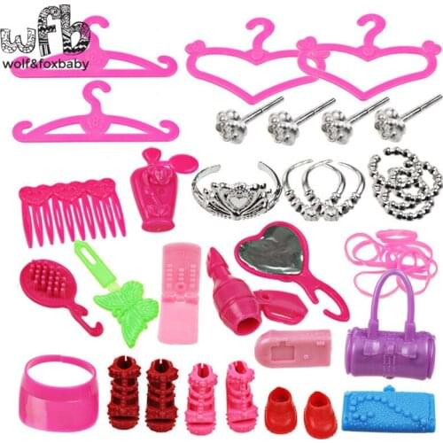 42pieces/pack Colorful Assorted Fashion Heels Hangers Bag Shoe Earring Bowknot Crown For Dolls Accessories Baby Toys Gift