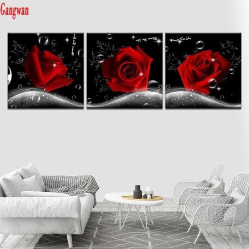 The romantic rose flowers diamond painting cross stitch 3 pcs living room decor 3d embroidery sale mosaic rhinestone full drill