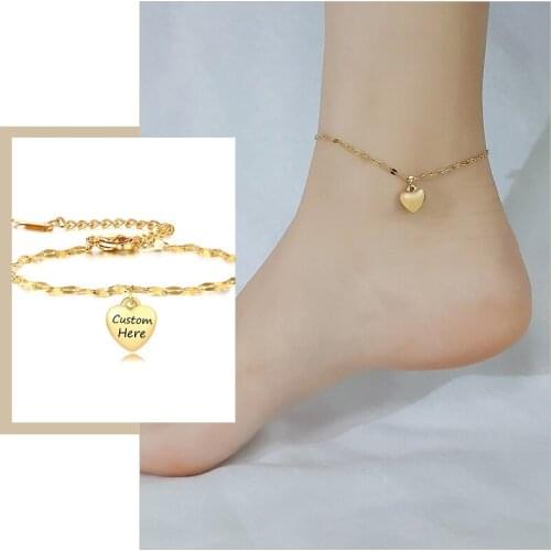 Free Custom Engrave Heart Charm Anklets for Women Stainless Steel Link Chain Casual Holiday Beach Wear Gifts for Her Jewelry