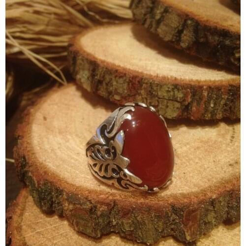 LARGE MIDDLE ROUND RED STONE CHIC STONE PATTERNED ORNAMENTAL CHARISM RING 925 SILVER Muslim Ring