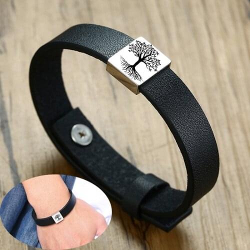 Men Women Tree of life Leather Bracelet Personalize Engraving Stainless Steel Casual Customize Bangle Adjustable Jewelry
