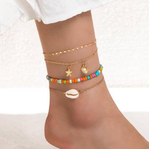 Bohemia Colorful Beads Shell Anklet Alloy Starfish Pendant Multilayer Anklets 4-piece Set Women Beach Foot Ornament Jewelry