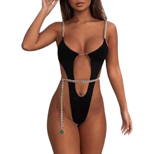 Metal Chain Sexy High Leg Cut Swimsuit One Piece Swimwear Women Female Monokini Swimming Suit Girls Sexy Bathing Suits Bikini