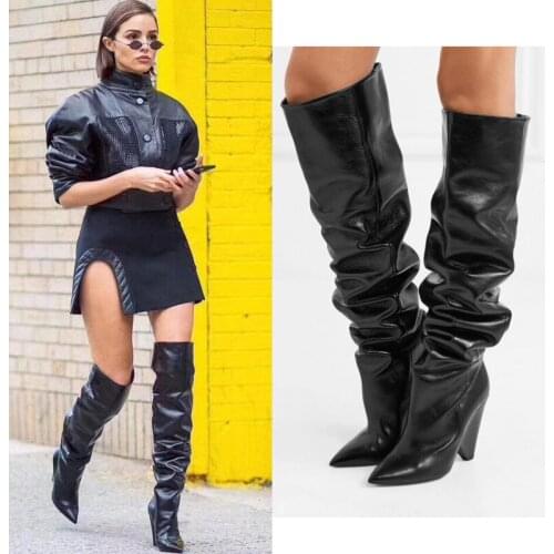 Black Moroder Leather Womens Thigh High Boots Cone Heels Over The Knee Booties Short Long Botas Female Dress Wedding Shoes