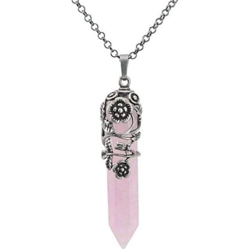 FYJS Unique Silver Plated Flower Wrap Hexagon Column Natural Rose Pink Quartz Pendant Elegant Women Necklace