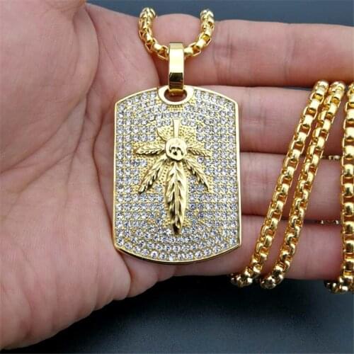 Hip Hop Hemp Leaf Pendants Necklaces For Women/Men Gold Color Stainless Steel Necklace Rhinestones Iced Out Bling Jewelry