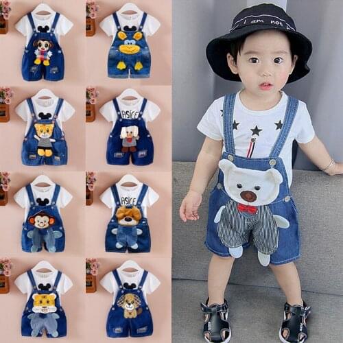 2021 New Summer Multiple Styles Cartoon Girls Jumpsuit Fashion Washed Jeans Baby Boy Denim Romper Straps Short Pants Cowboy Blue