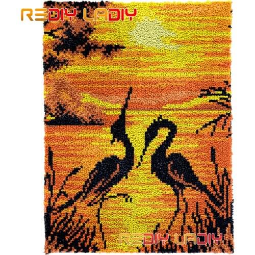 Latch Hook Rug Cranes in Sunset DIY Carpet Rug Chunky Yarn Cushion Crochet Wall Tapestry Kits Knitted Floor Mat Arts & Crafts