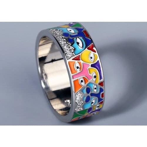 CIZEVA Creative Bohemia Ring 925 Sterling Silver Rings for Women Colorful Enamel Face Pattern Ring Ladies Trendy Jewelry
