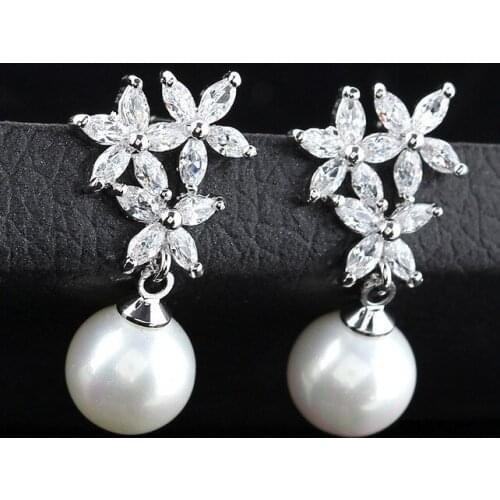 High-end fashion atmosphere hot selling zircon flower pearl Dangle Earrings wholesale