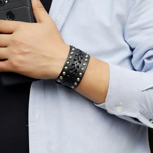 Fashion Metal Charm Men Bracelet Punk Vintage Handmade Braided Wide Wrap Leather Bracelets for Women Brown Jewelry