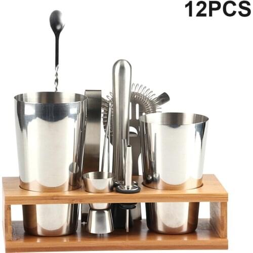 12PCS Stainless Steel Cocktail Shaker Set Bartending Kit with Wooden Stand Cocktail Blending Tool for Bartender Party Bar Tools