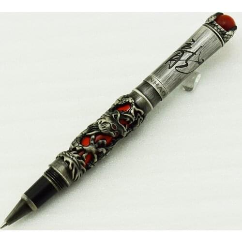 New Jinhao Dragon King Vintage Rollerball Pen, Unique Metal Embossing Hi-tech, Gray & Red Color Business Office Home Supplies