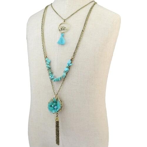 2021 New 3 Multilayer Turquoise Bead Bronze Tassel Rope Necklace Pendant Necklace