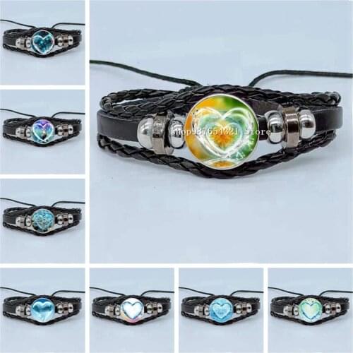 New Heart Shaped Bracelet Glass Dome Bracelet Multilayer Woven Leather Bracelet Jewelry Gift Wholesale Price