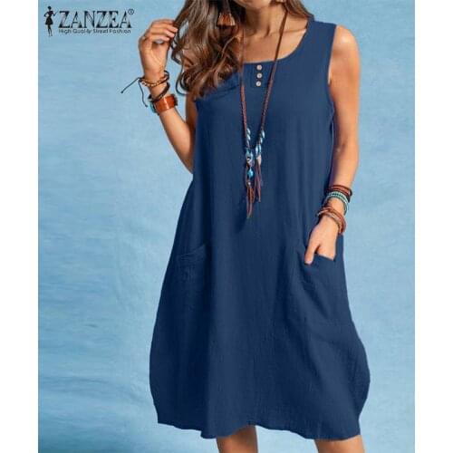 ZANZEA Summer O Neck Sleeveleess Dress Women Bohemian Tanks Vestidos Solid Sarafans Robe Elegant Knee-length Sundress Plus Size