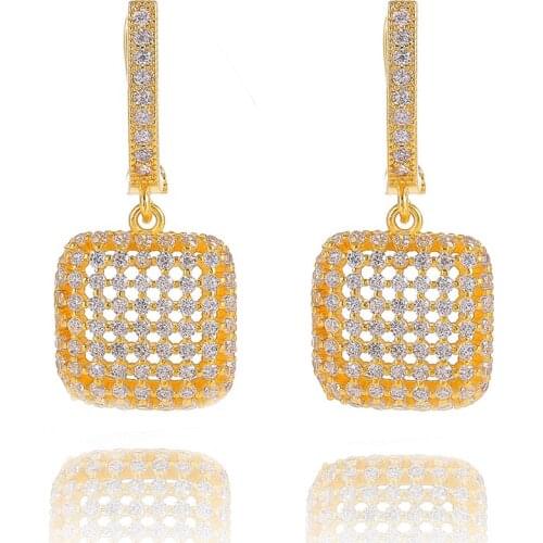 Luxury Gorgeous Hollow Square Micro Pave CZ Zircon Circle Hoop Earrings for Women Gold Color Bride Wedding Party Earring