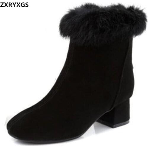 Hot 2020 New Classic Rabbit Fur Decoration Winter Fashion Boots Top Frosted Cowhide Warm Snow Boots Women Shoes Shoes Size 33-43