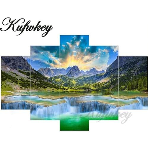 Triptych Diamond Painting Cross-Stitch waterfall Five of paintings beads embroidery DIY Kit Diamond mosaic scenery Foamiran 5pcs