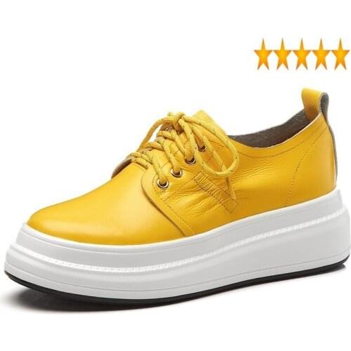 Bottom Platform Genuine Leather Thick Lace Up Shoes Woman Leisure Yellow Slip On Loafers Height Increasing Female Wedge Sneakers