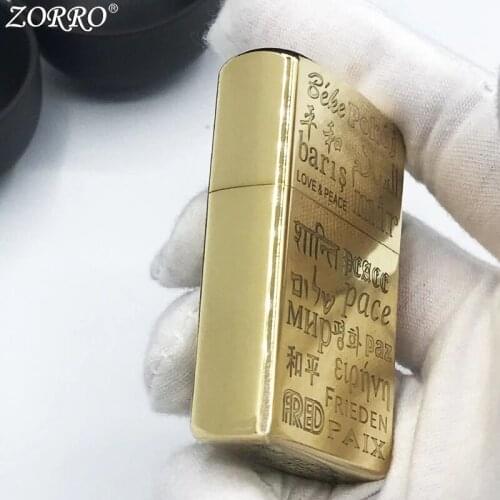 Pure Copper ZORRO Kerosene Lighter Fine Carving Love Letter Gasoline Oil Lighter Smoking Tool With Gift Box