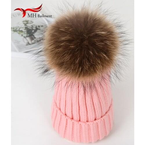 Women thick warm tidal fur knit hat autumn and winter new real raccoon fur children hat fashion comfortable popular hat wove