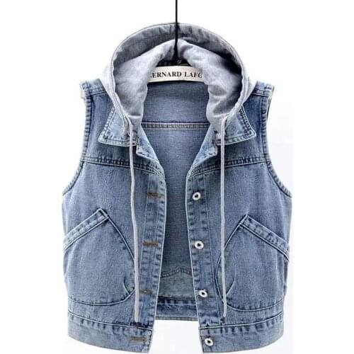 Hooded Denim Vest Female Spring Autumn Is Thin New All-Match Korean Short Coat Pocket Student Cowboy Vest Jacket Women Buttons