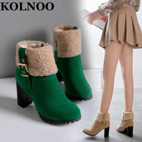 KOLNOO Handmade Chinese Style Womens Chunky Heels Boots Turnover Warm Vintages Ankle Booties Winter Four Color Fashion Shoes