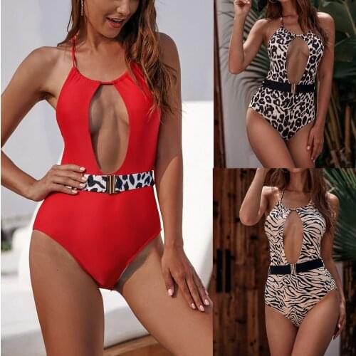 Womens One Piece Swimsuit Suit Leopard Print Metal Belt String Bikini Backless Patchwork Sexy Swimwear Women Summer 2021
