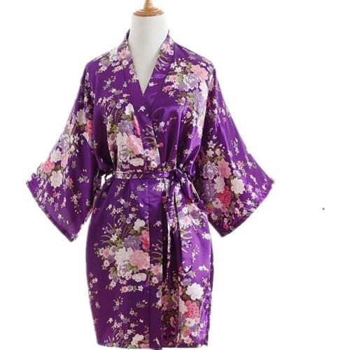 2021 Spring Summer Women Sleep Robe Fake Silk Homewear Flower Print Kimono Japan Style Bathe Robe
