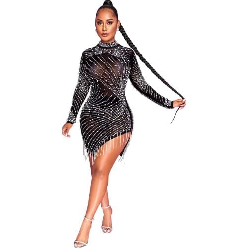 Women Dress See-Through Gauze Mesh Diamonds Round Neck Solid Color Tassel Sexy Slim Elastic Mini Dresses