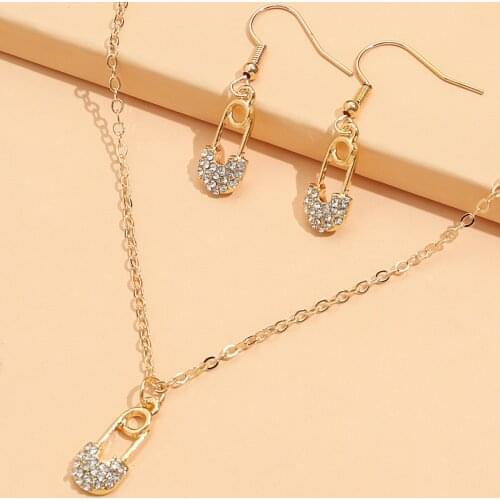 2021 2pcs/set Fashion Crystal Safety Pin Pendant Necklace for Women Girl Neck Chain Charms Necklace Collar Birthday Gift Jewelry