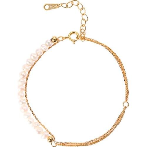 Asymmetry Bracelet Authentic 925 Sterling silver Baroque Pearl freshwater & Multi-layers Chian Bracelet Wrist C-L486