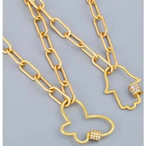 CZ Cubic Zirconia Fatima Hand Carabiner Necklace For Women Crystal Butterfly Pendant Necklace Chain Gold Filled Jewelry nker31